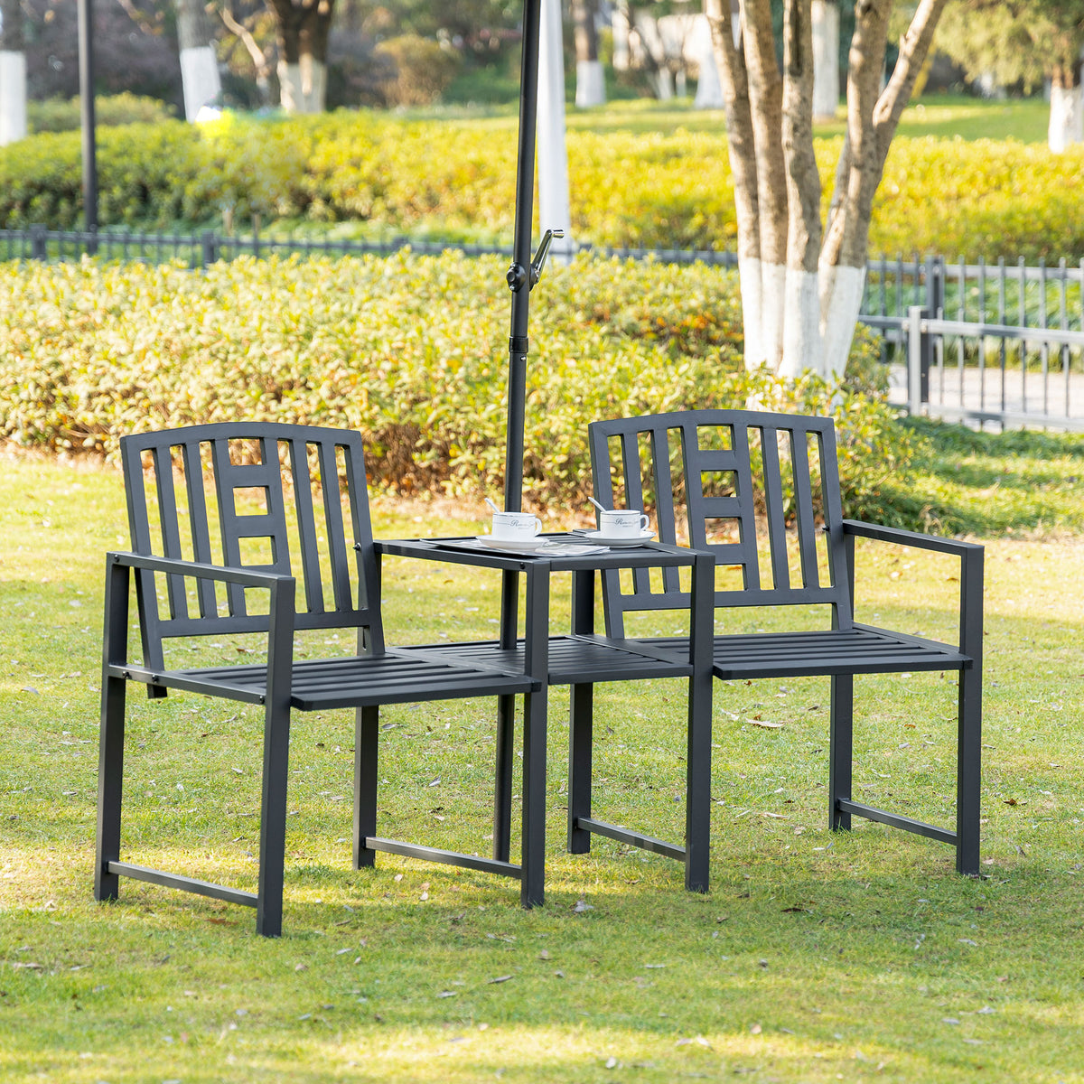 Metal Garden Bench with Center Table, 2-Seat Patio Tete-a-Tete – image 2