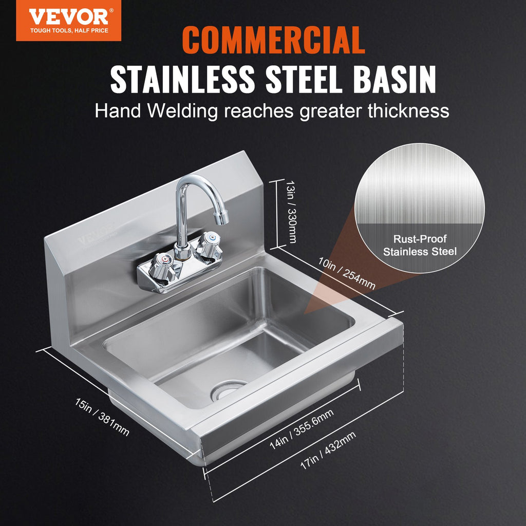 Wall-Mount Stainless Steel Hand Sink with Faucet, 17 x 12.8 In – image 3