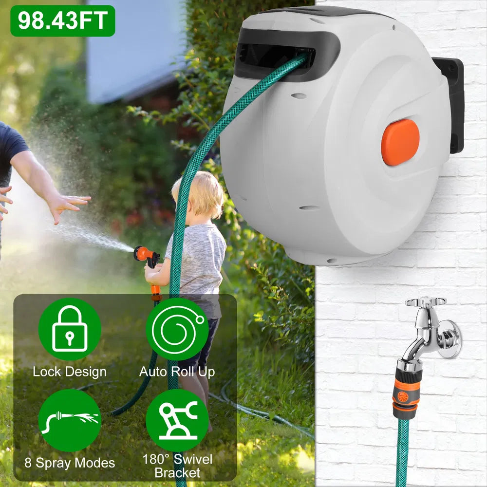 Wall Mount Retractable Garden Hose Reel 98 Ft with Sprayer