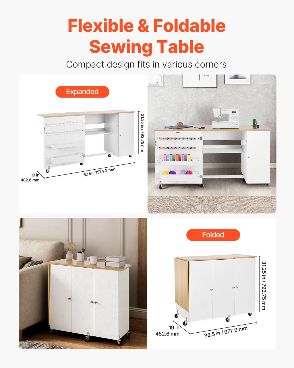Folding Sewing Table with Cabinet, Spool Pegs, Bins and Locking Wheels – image 3