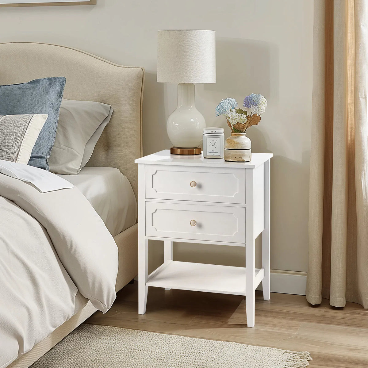 Solid Pine Wood Nightstand with 2 Drawers and Shelf, White