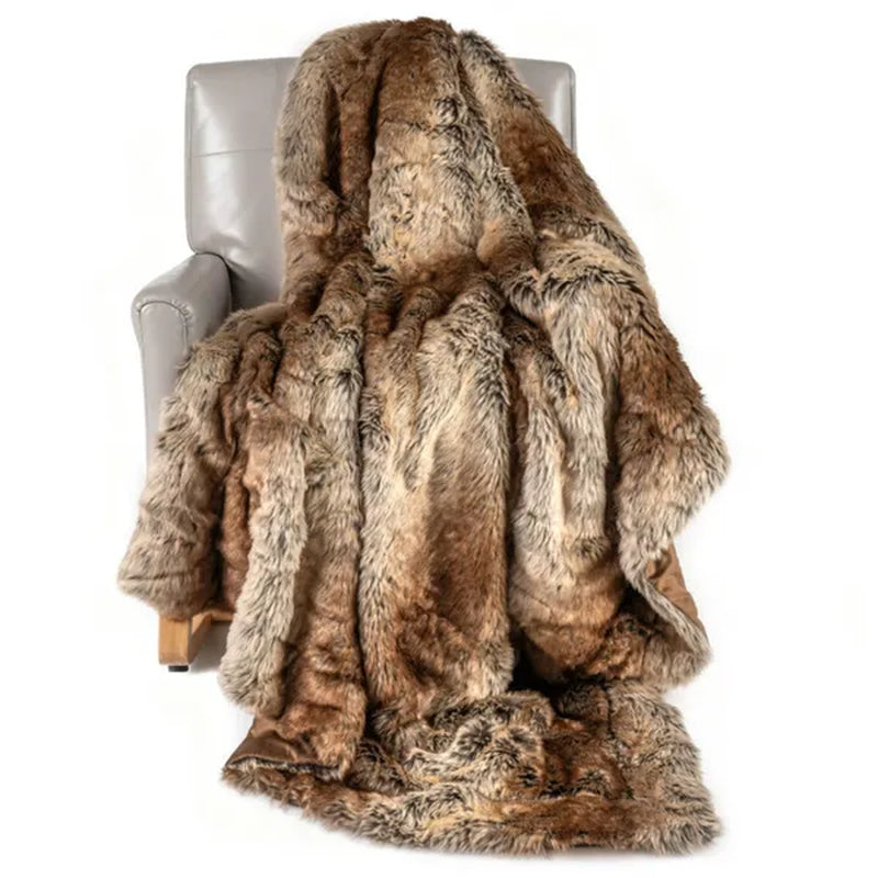 Faux Raccoon Fur Throw Blanket 60 x 80 In, Mink-Lined, Coffee – image 1
