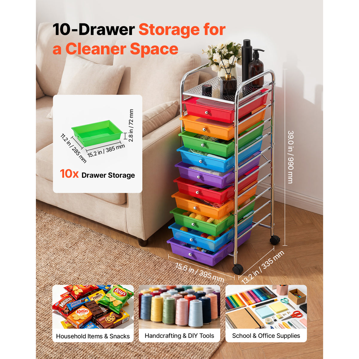 10-Drawer Rolling Storage Cart with Steel Frame, Rainbow – image 2