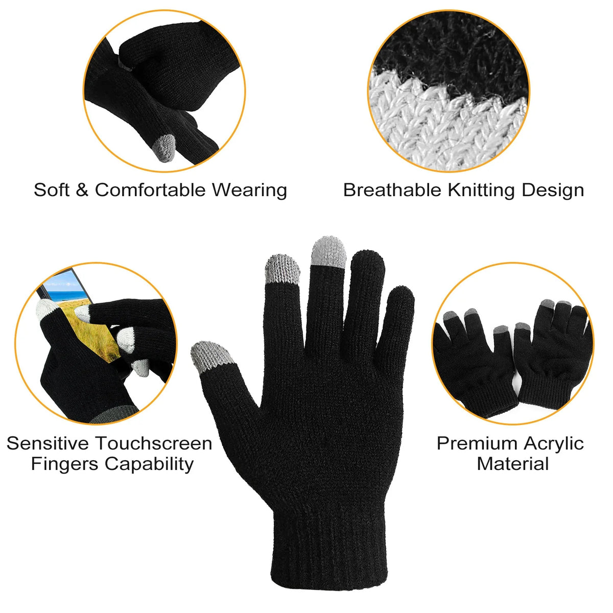 Touchscreen Knit Gloves – Unisex Full Finger Winter Gloves, Black – image 9