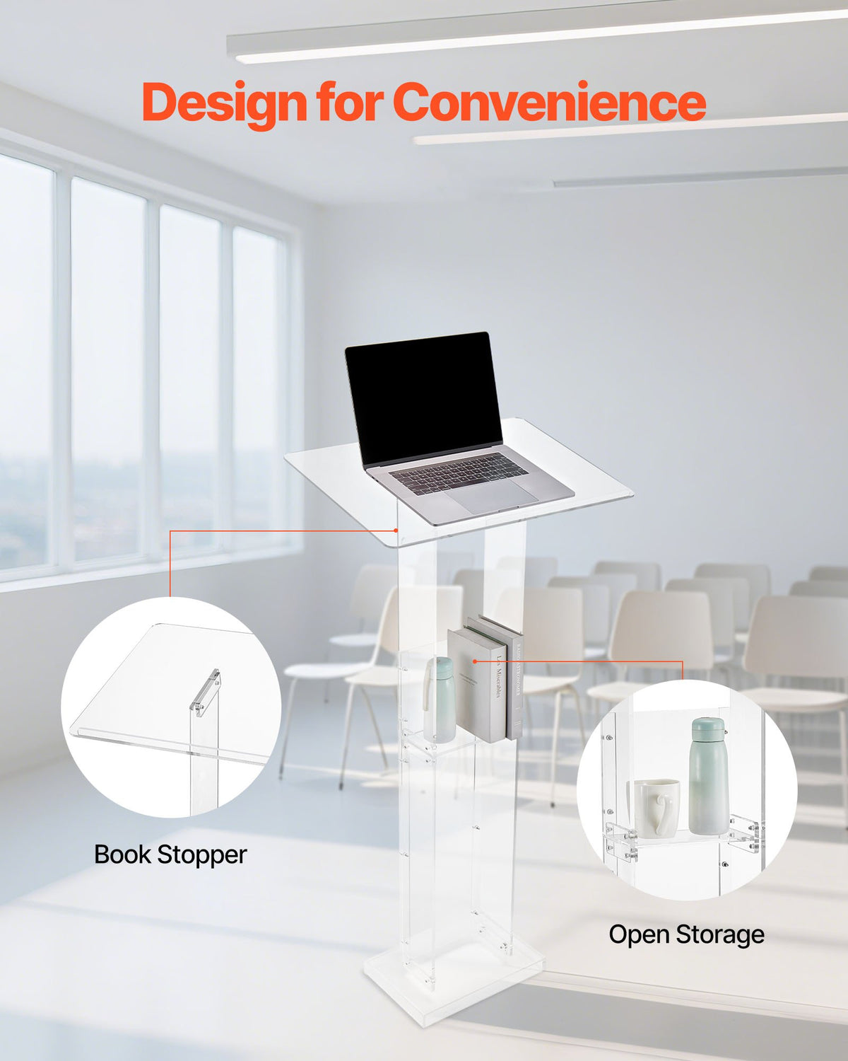 Clear Acrylic Lectern Podium Stand, 50 Inch, with Storage Shelves – image 4