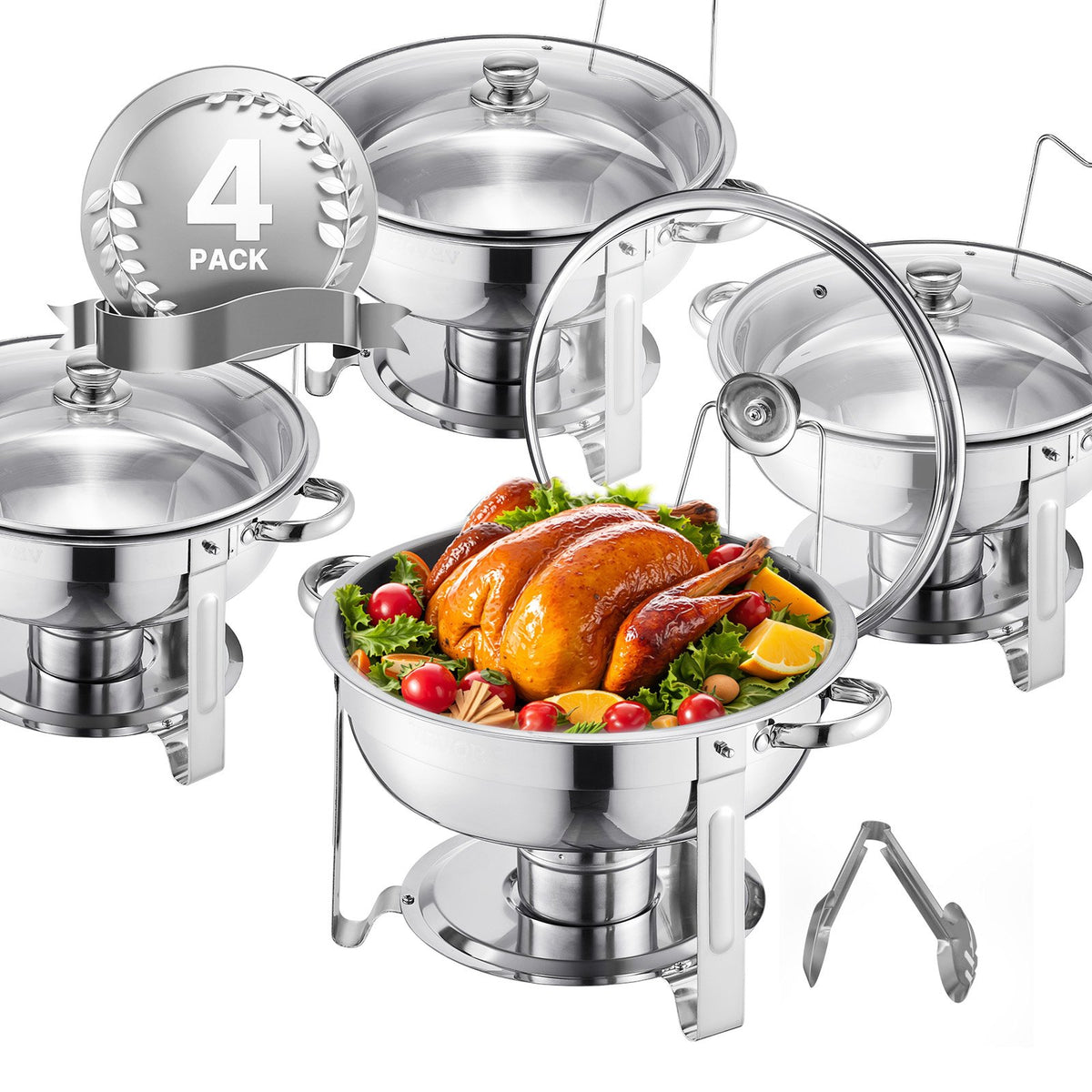 Round Stainless Steel Chafing Dish Buffet Set, 5 Qt, 4 Pack – image 1
