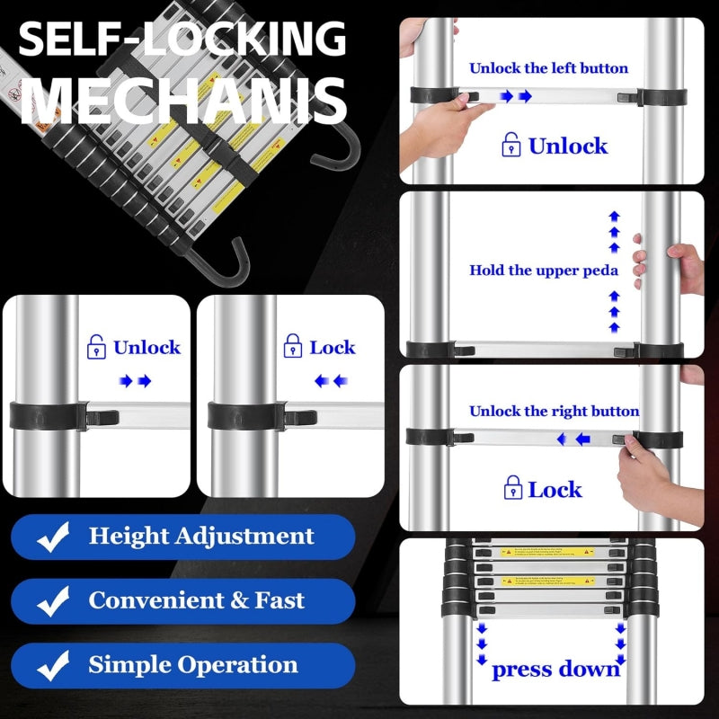 Construction Aluminum Telescopic Ladder, 9.5 ft Extendable