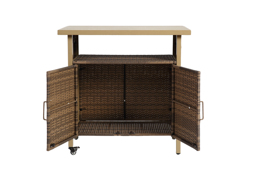Outdoor Wicker Bar Cart with Wheels and Storage – Beige – image 5