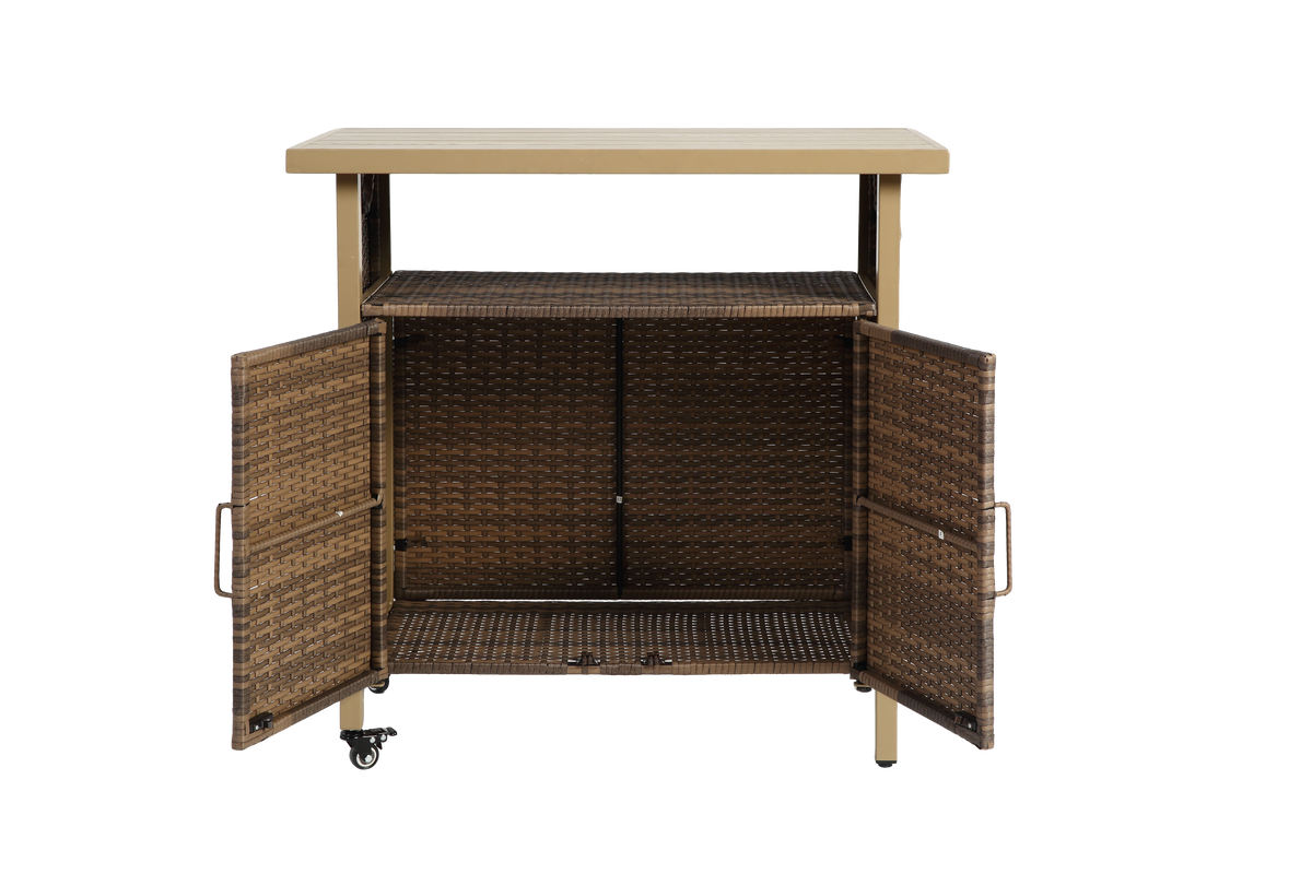 Outdoor Wicker Bar Cart with Wheels and Storage – Beige – image 5