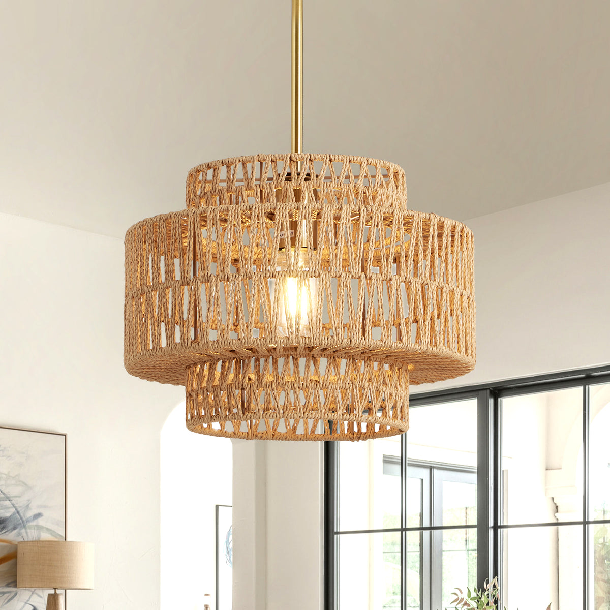 Boho Rattan Pendant Light Hand Woven 12.6 Inch Hanging Fixture