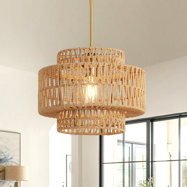 Boho Rattan Pendant Light Hand Woven 12.6 Inch Hanging Fixture