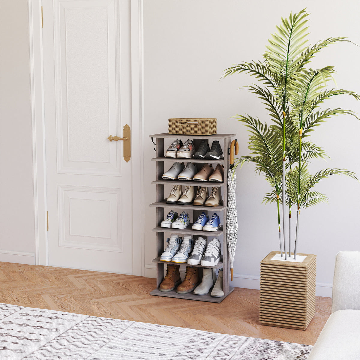 Vertical Shoe Rack, 7-Tier Shoe Tower with Hooks, Rustic Gray – image 4