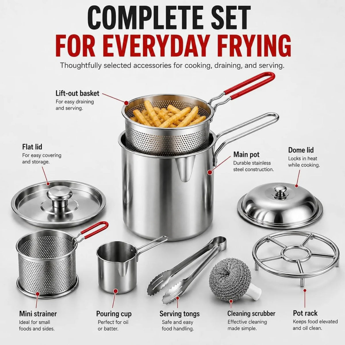 Fryer Pot with Draining Basket and Tongs, Stainless Steel – image 8