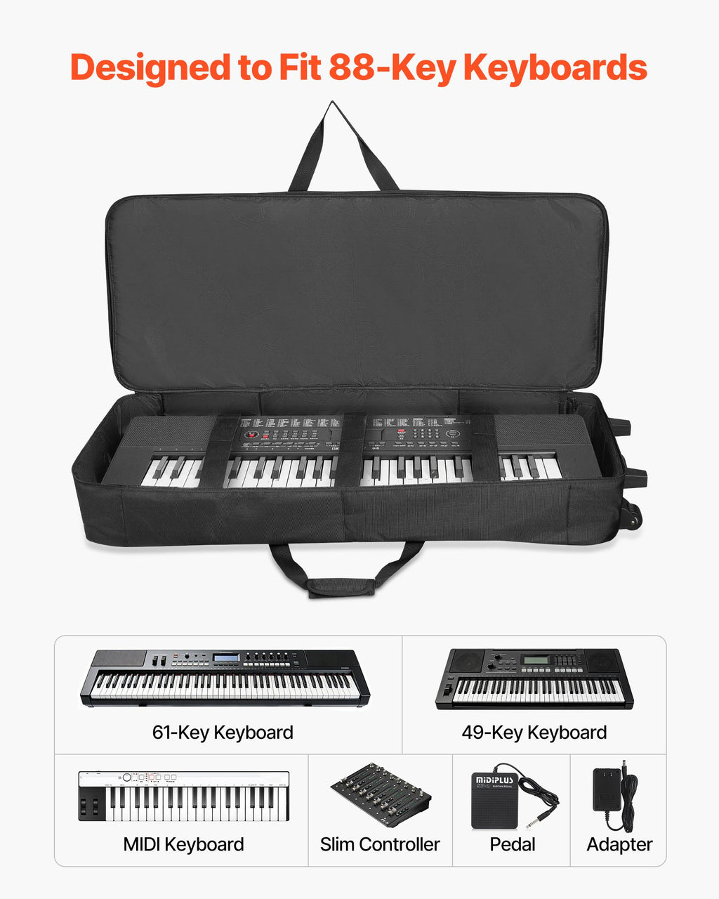Padded Rolling Keyboard Case with Wheels for 61 to 88 Key Pianos – image 2