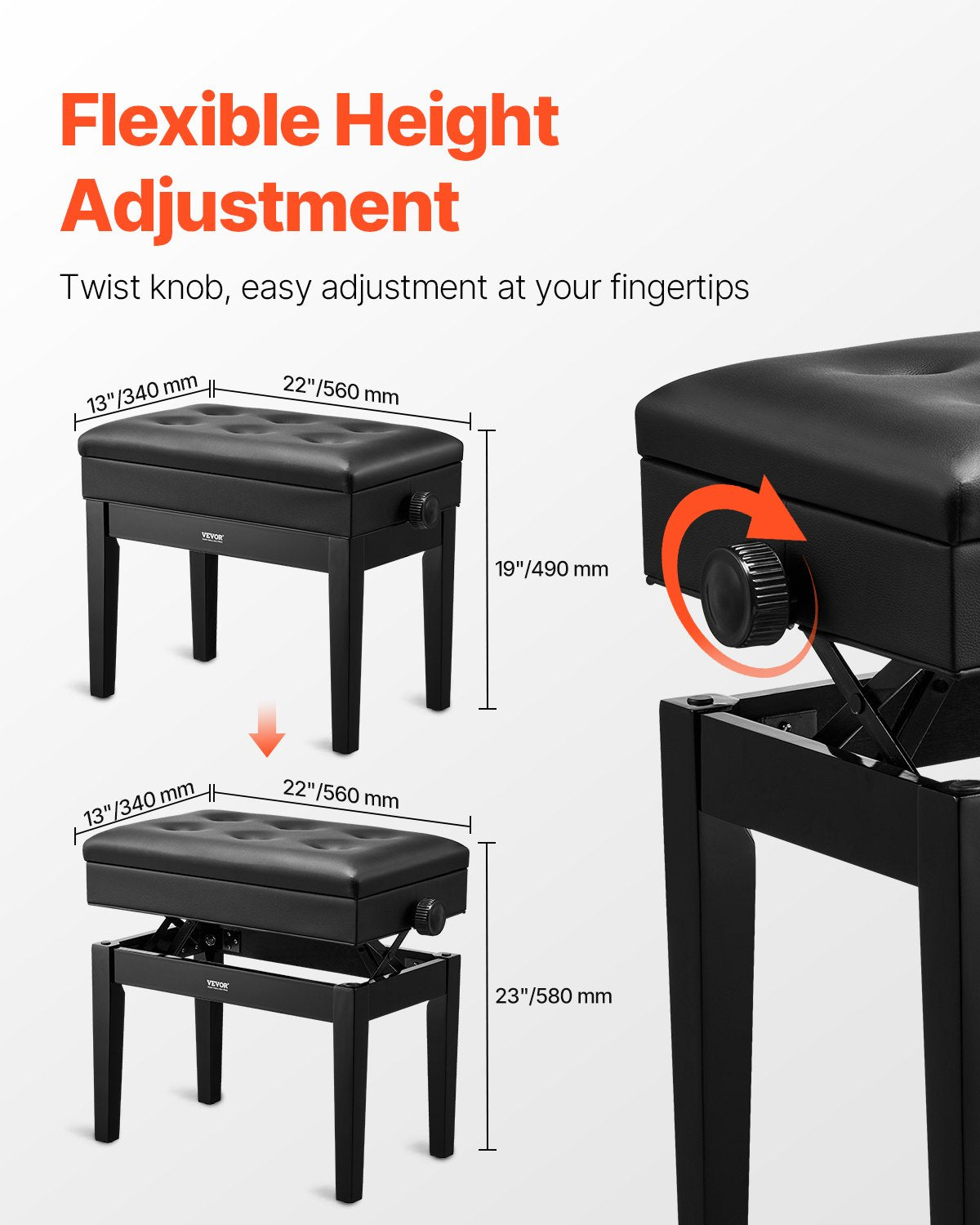 Adjustable Height Piano Bench with Music Book Storage