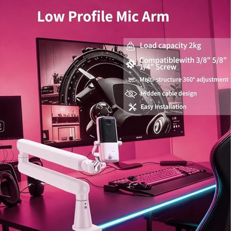 Low Profile Microphone Boom Arm, 360-Degree Desk Mount, White – image 4
