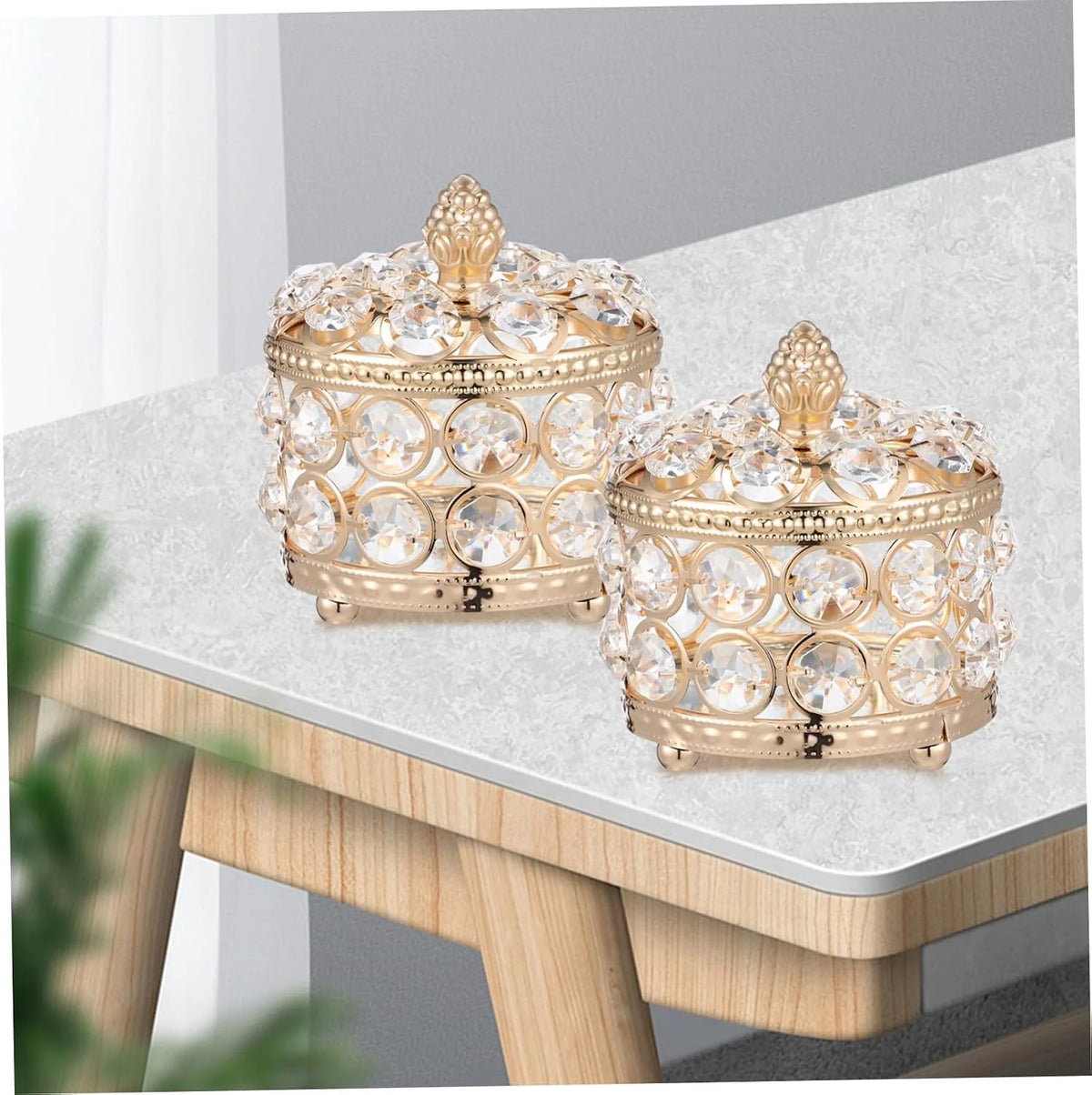 Crystal Jewelry Box Set of 2, Gold Iron & Glass Trinket Holders – image 2