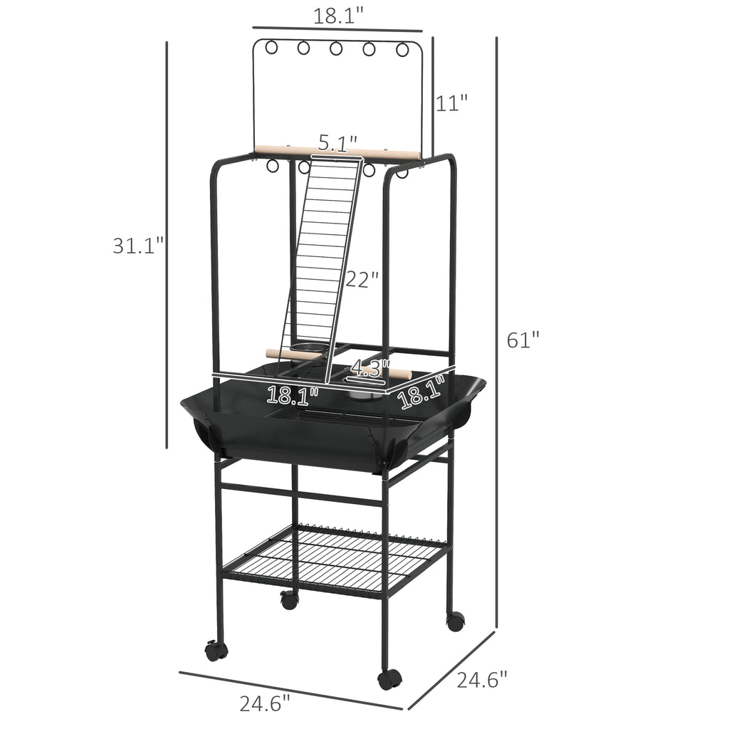 Rolling Bird Play Stand with Ladder, Stainless Bowls and Pull-Out Tray – image 3