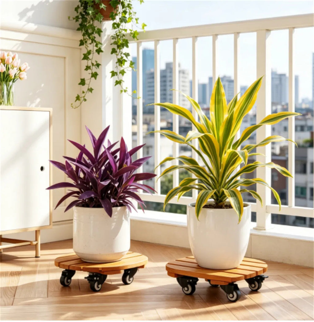 Rolling Plant Caddy Set of 2, 12 in Acacia Wood Pot Mover with Wheels – image 5