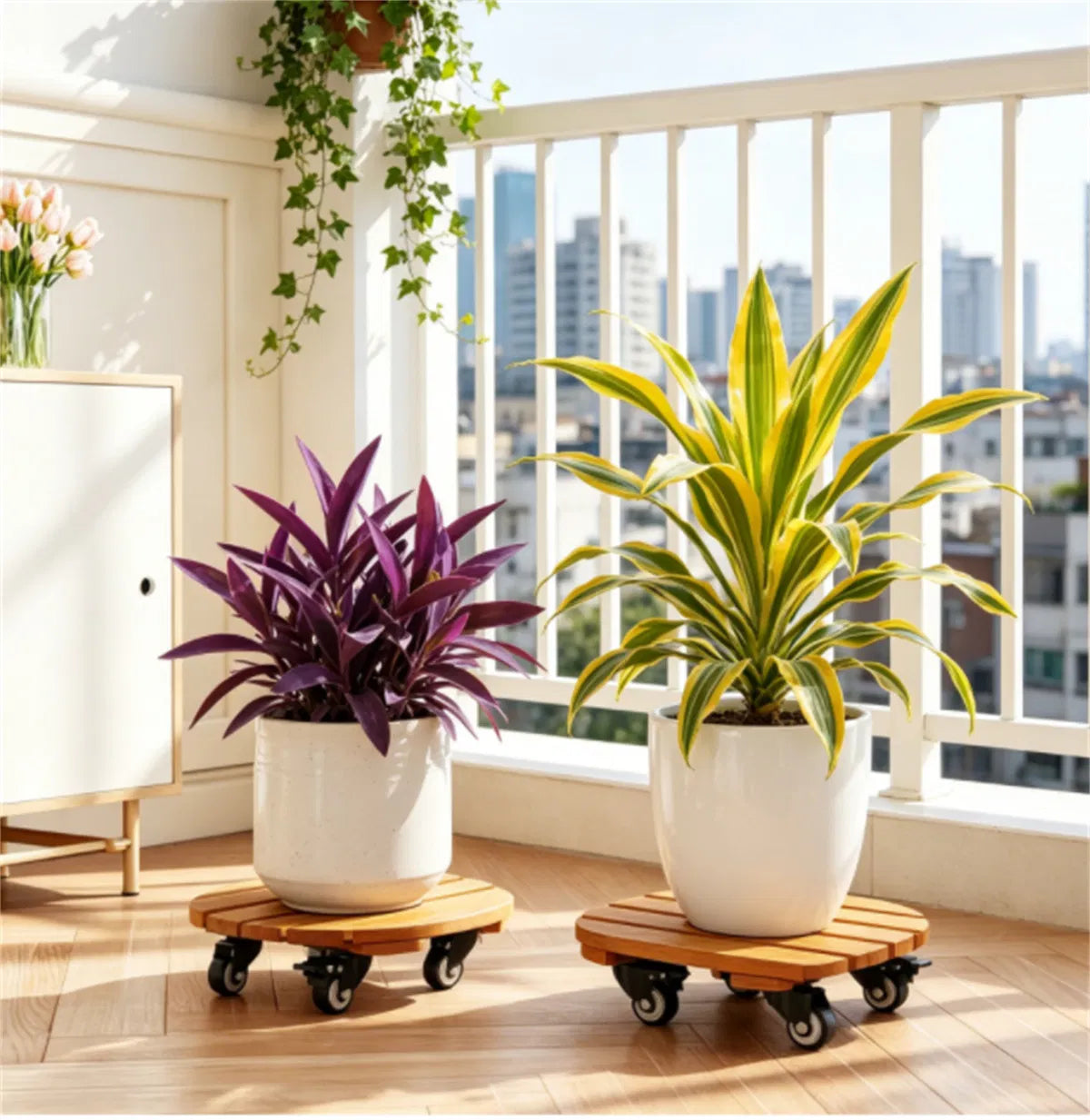Rolling Plant Caddy Set of 2, 12 in Acacia Wood Pot Mover with Wheels – image 5