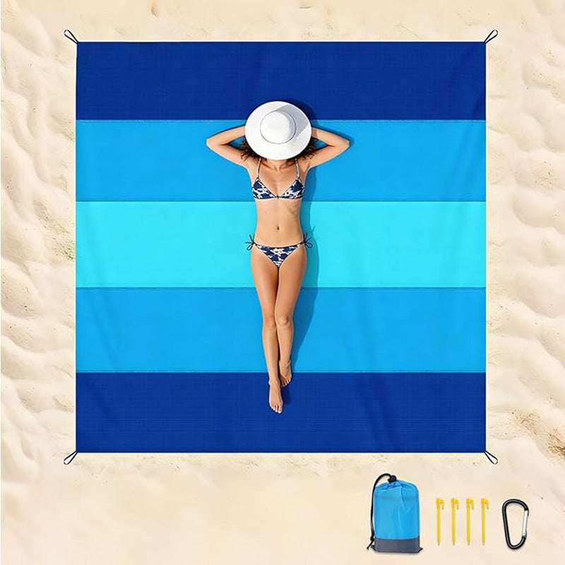 Sandproof Beach Blanket – Extra Large Waterproof Mat with Stakes, Blue – image 2
