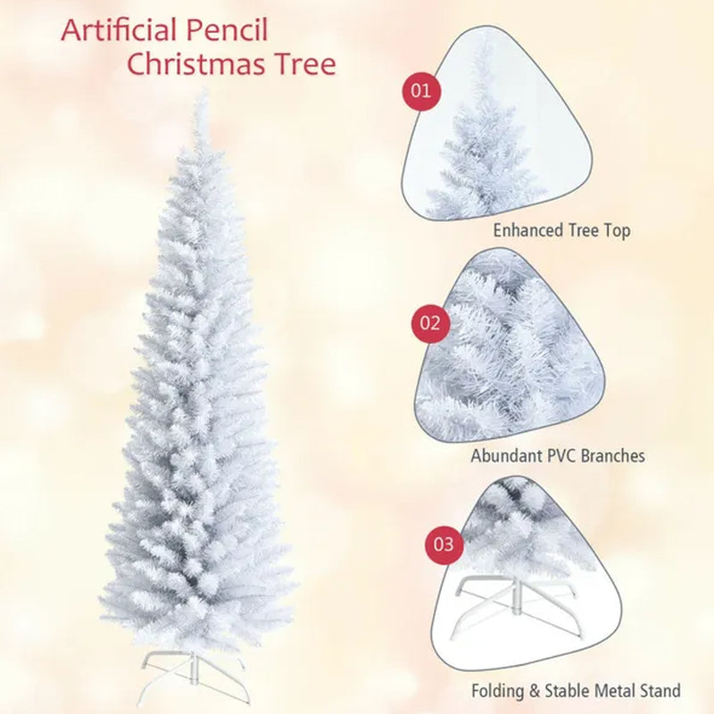 Christmas Tree, 6 Ft White Slim Pencil, Unlit with Metal Stand – image 4