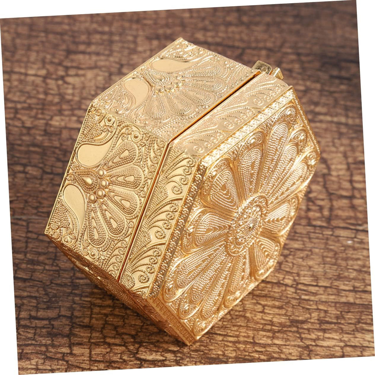 Hexagon Jewelry Box – Vintage Gold Zinc Alloy Trinket Case – image 6