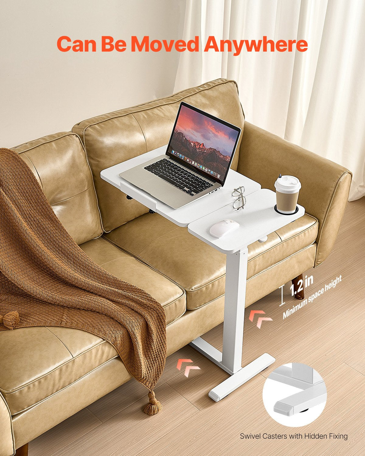 Rolling Laptop Desk with Tilting Top and Cup Holder – White