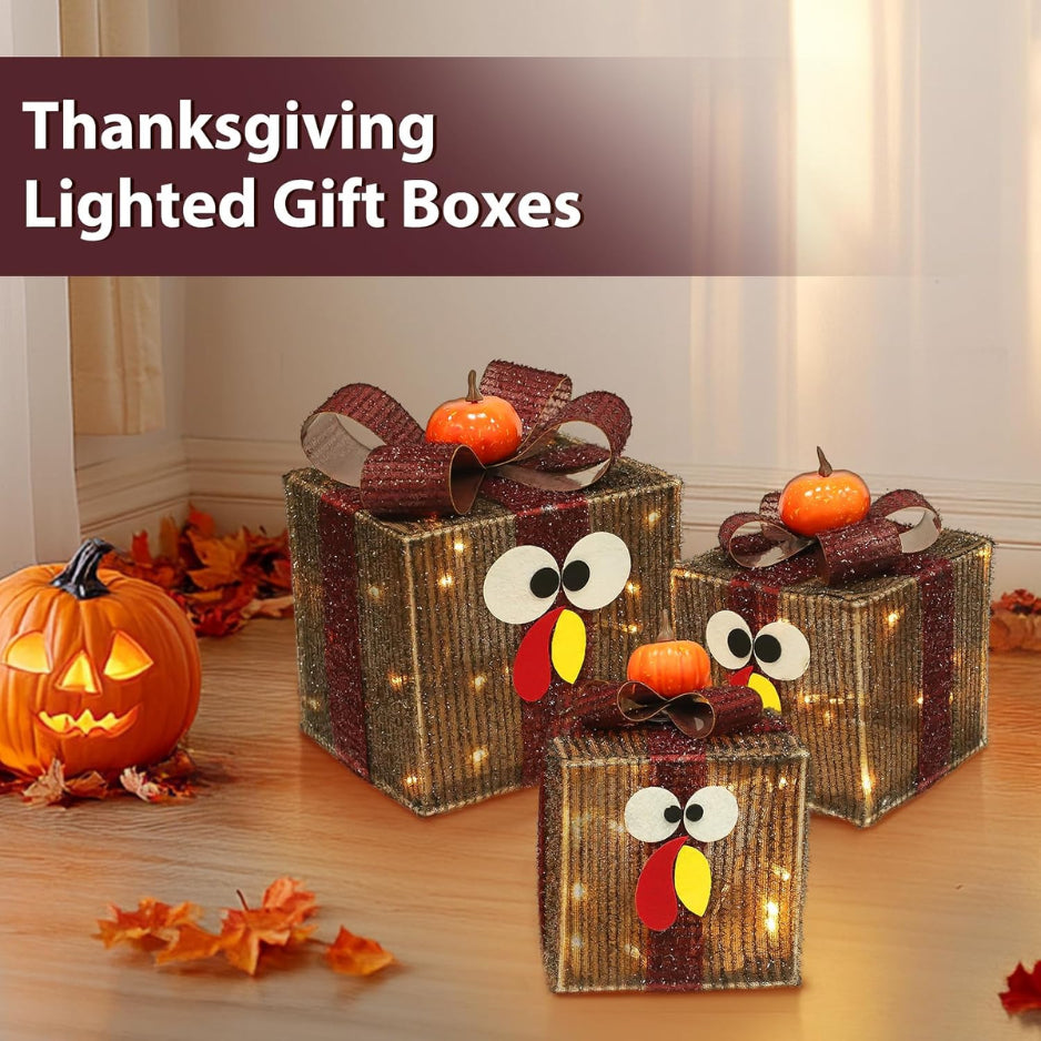 Lighted Thanksgiving Turkey Gift Boxes, Set of 3 with Timer – image 4