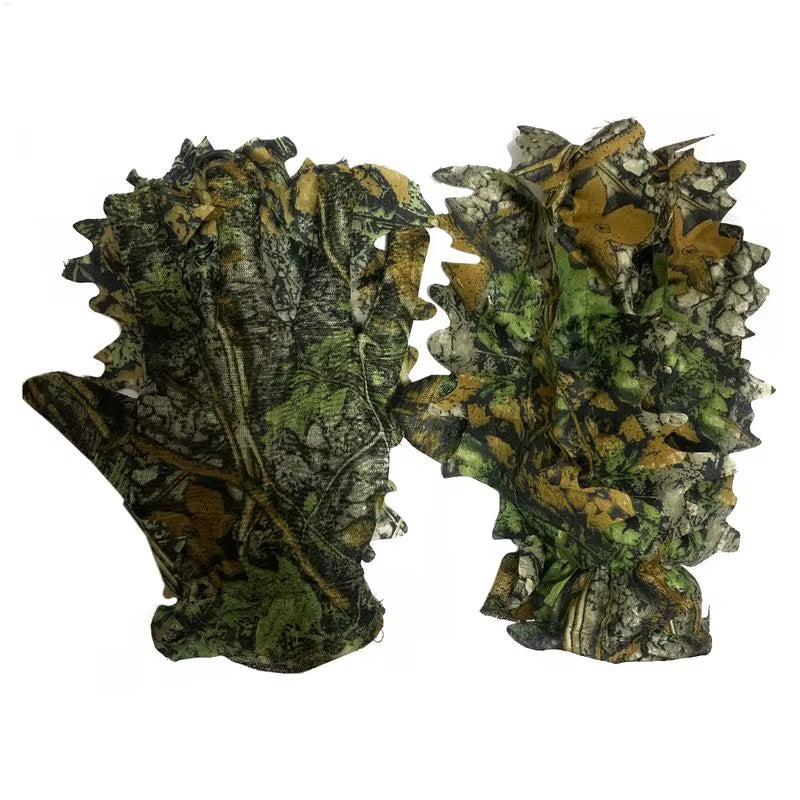Hunting 3D Leafy Camo Gloves, Non-Slip Full Finger Woodland Camo Gloves, One Size