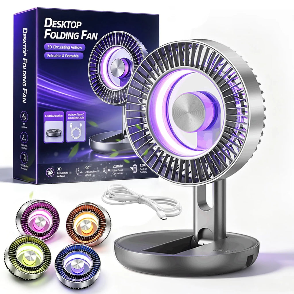 Portable Desk Fan, Foldable USB-C Rechargeable Fan with LED Light