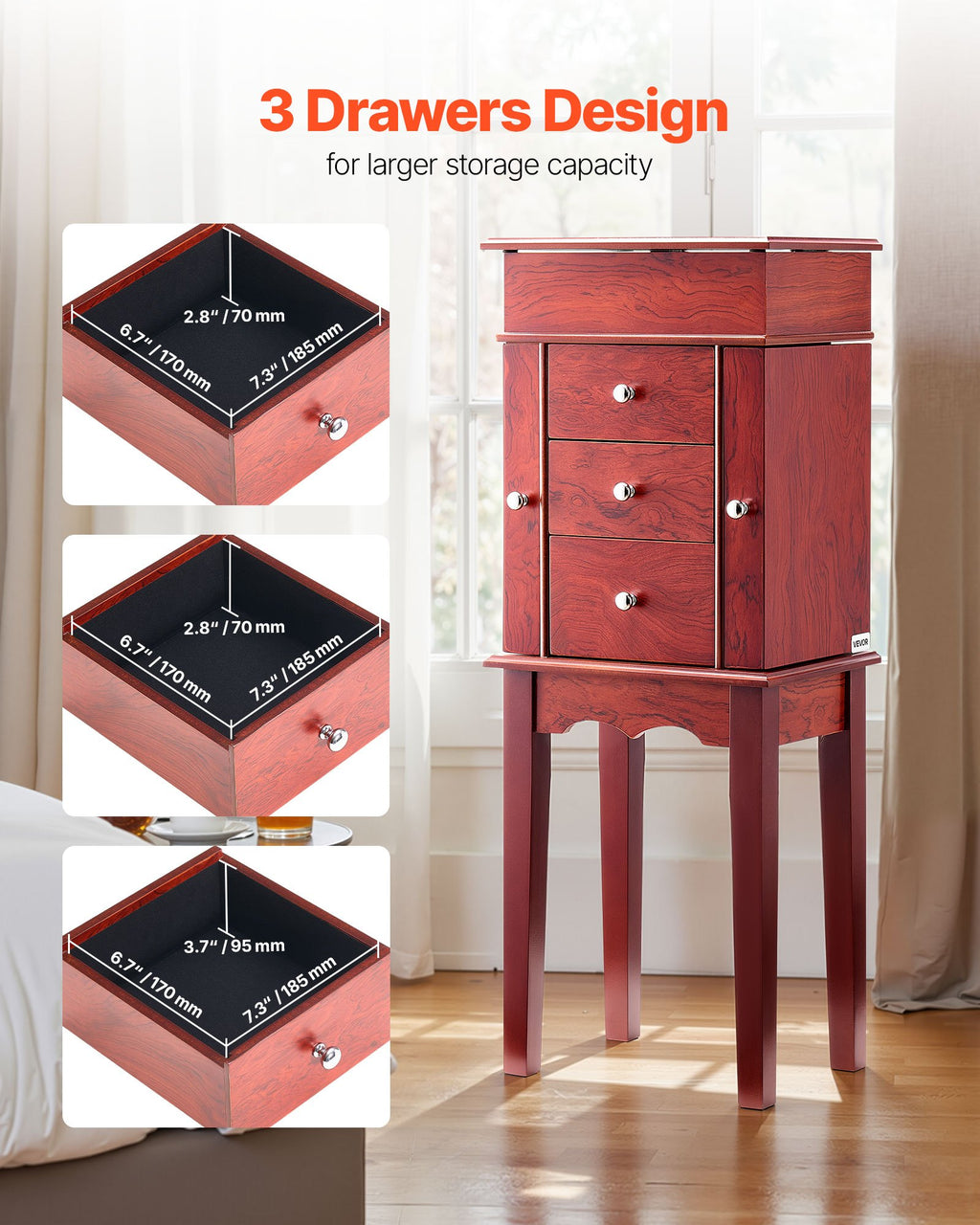 Standing Jewelry Armoire Chest with Flip-Top Mirror and 3 Drawers – image 2