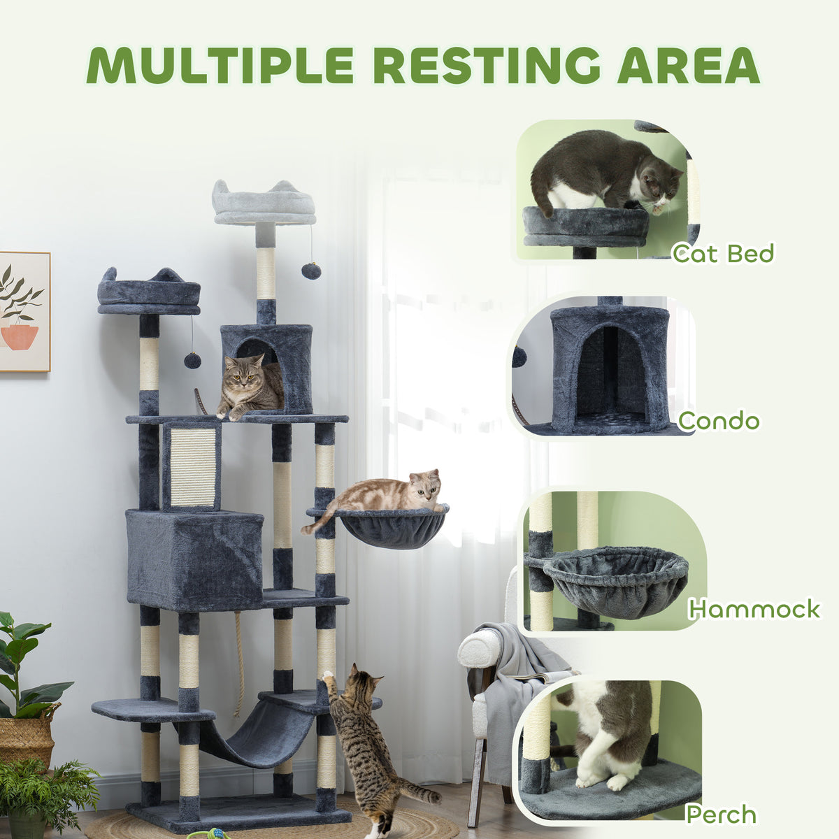 81 Inch Large Cat Tree with 2 Condos, Hammocks and Scratching Board – image 4
