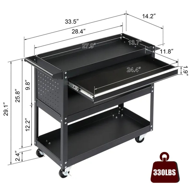Welding Shop 3-Tier Rolling Tool Cart with Pegboard & Drawer