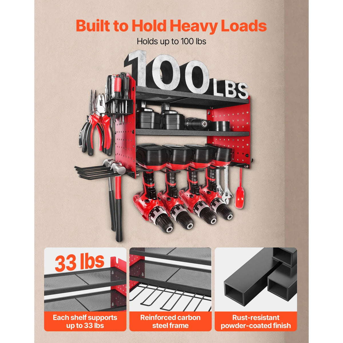 Power Tool Organizer Wall Mount, 3-Tier Drill Rack with Pegboard Sides – image 5