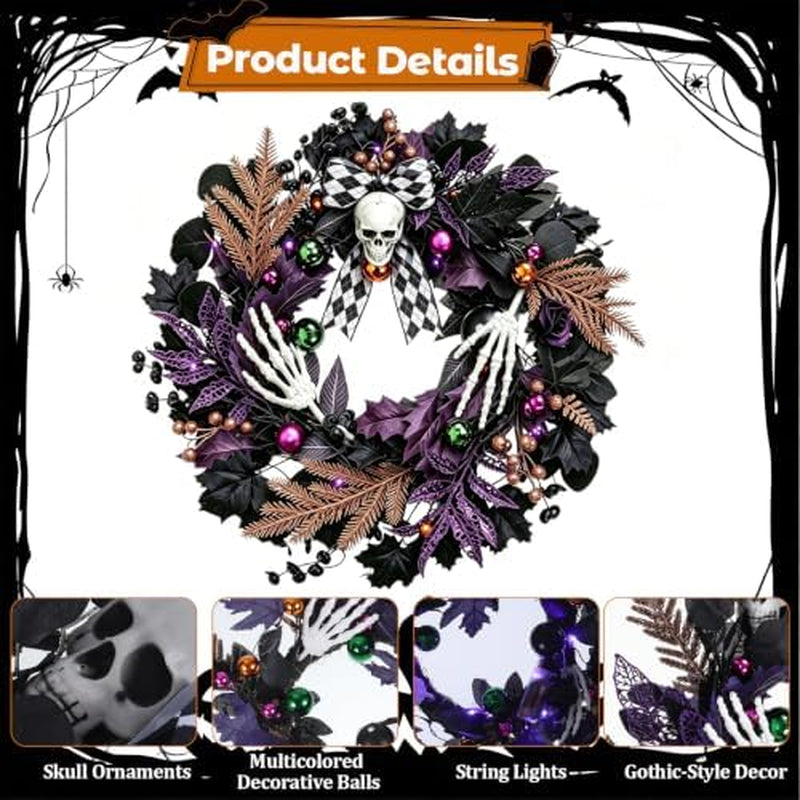 Halloween Skull Wreath 20 in, Gothic Purple and Black Door Decor – image 6