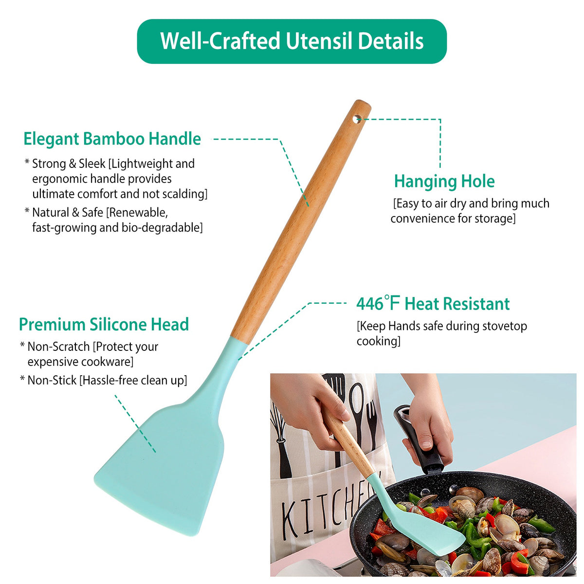 11-Piece Silicone Cooking Utensil Set with Wood Handles and Holder – image 6