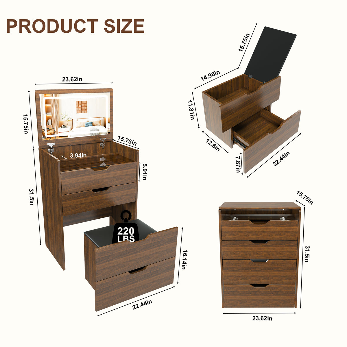 3-in-1 Lighted Mirror Vanity Desk with Storage Stool, Walnut – image 5