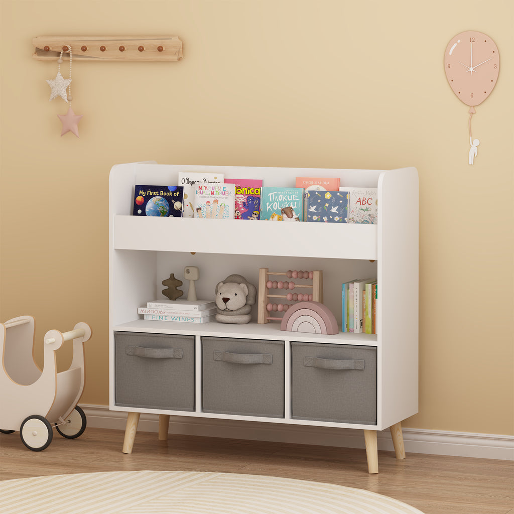 Nursery Bookcase with 3 Fabric Storage Bins, White and Gray – image 2