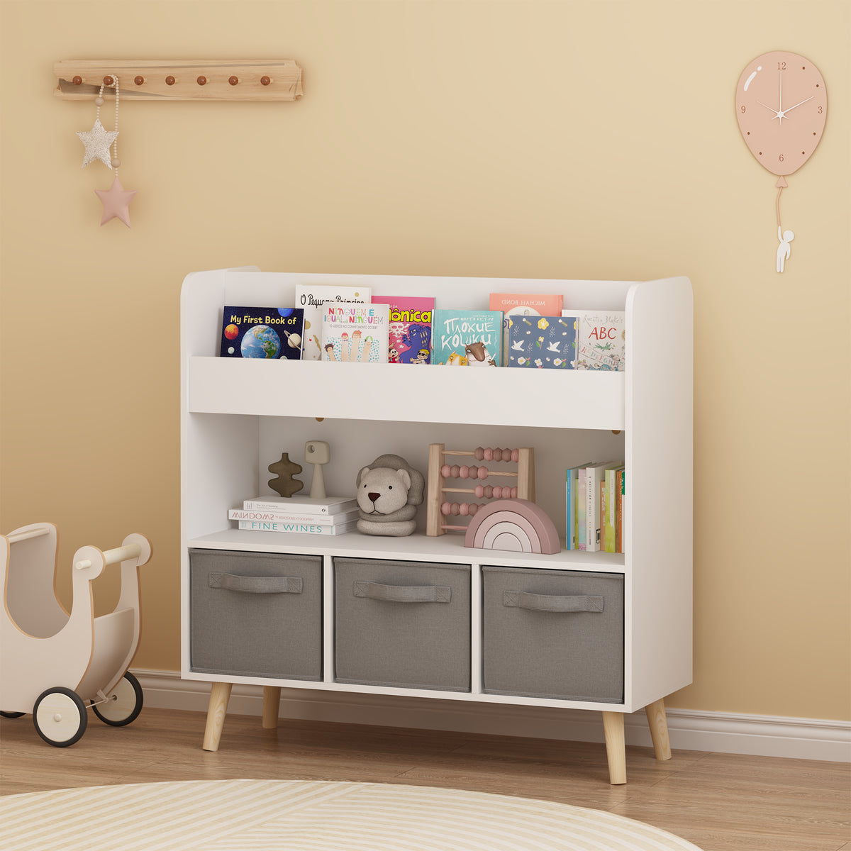 Nursery Bookcase with 3 Fabric Storage Bins, White and Gray – image 2