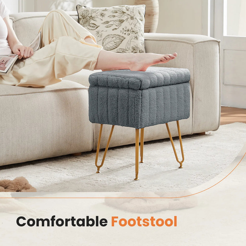 Faux Fur Vanity Stool with Hidden Storage and Gold Metal Legs – image 7