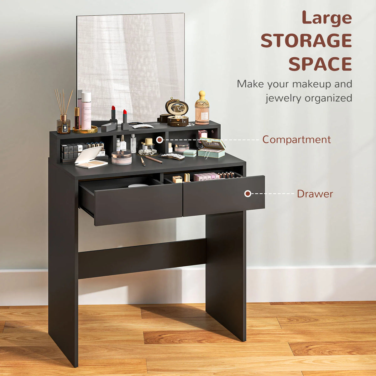 Makeup Vanity Desk with Mirror, Drawers and Open Shelves, Black – image 4