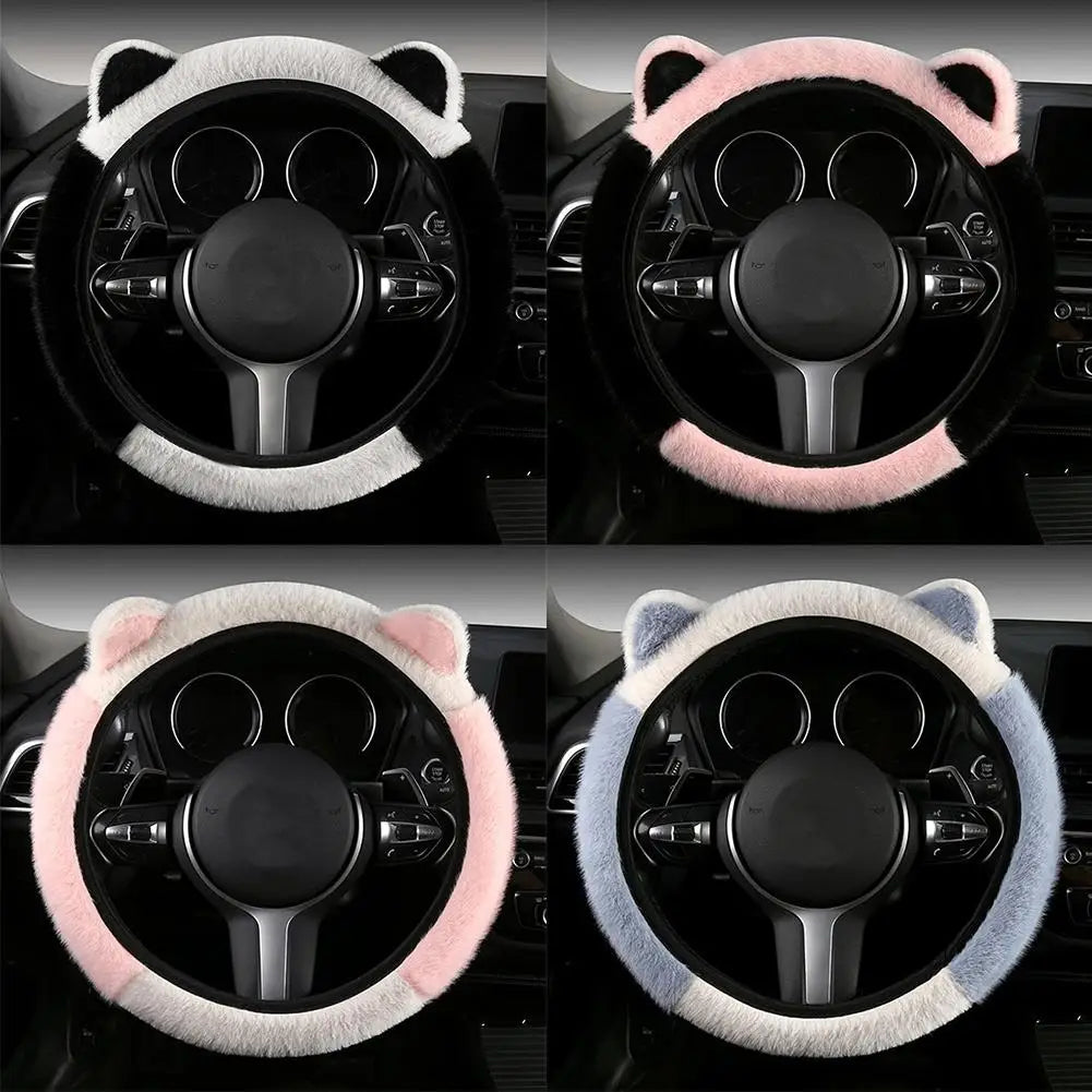 Plush Steering Wheel Cover with Cat Ears - Warm Non-Slip Winter Grip – image 2