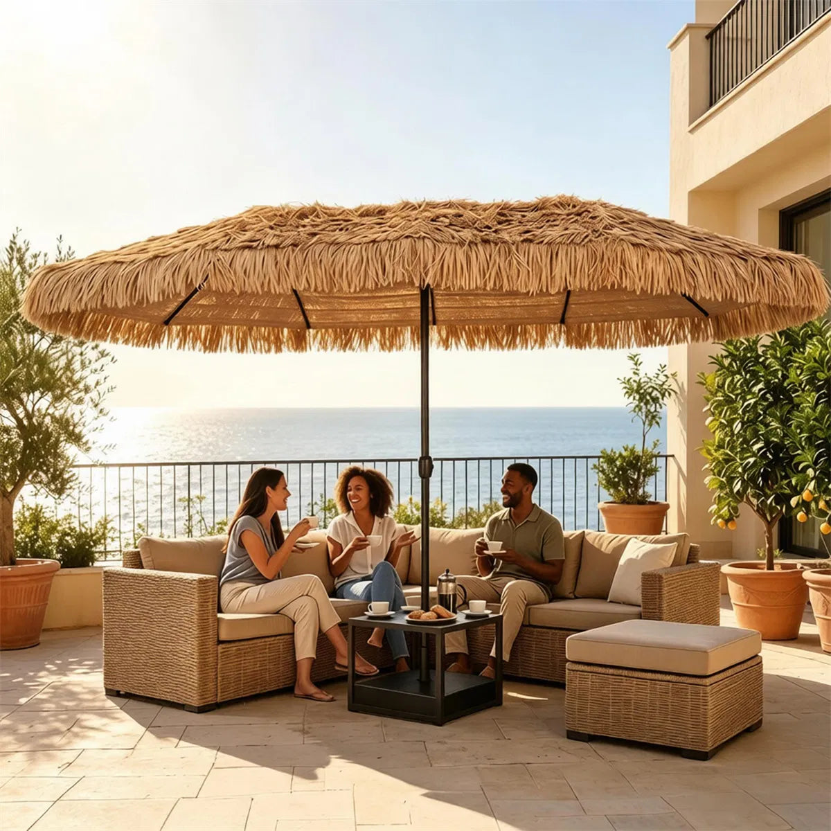 15x9 ft Double-Sided Tiki Patio Umbrella with Thatch and Weighted Base – image 8