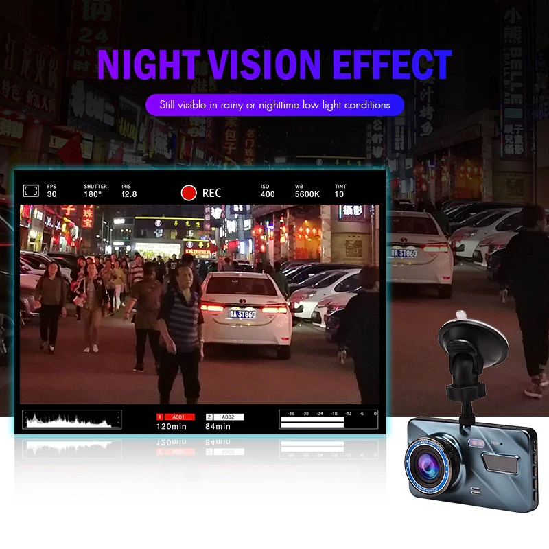 Dash Cam Front and Rear – 4 in Screen, 1296P, Night Vision, G-Sensor
