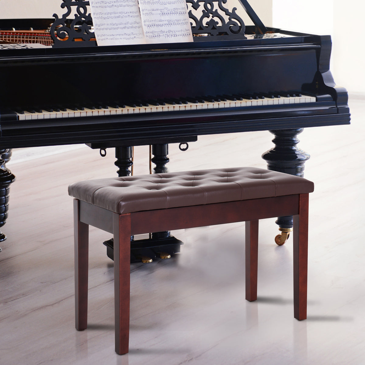 Tufted Duet Piano Bench with Storage, Faux Leather Seat, Brown – image 7