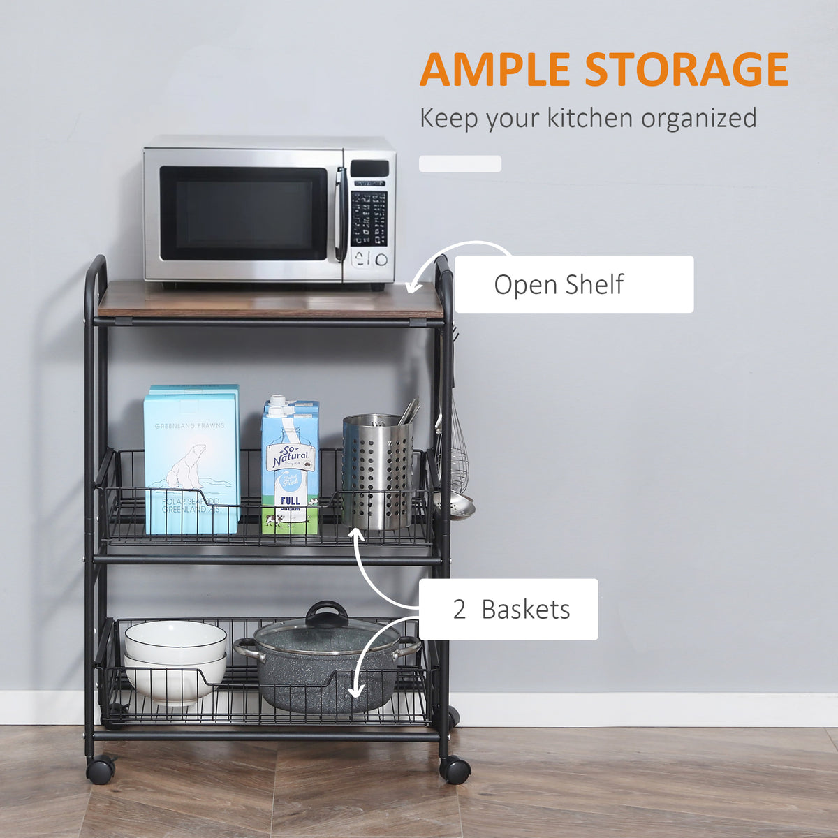 Rolling Kitchen Cart 3-Tier with Wire Baskets & Wheels – image 4