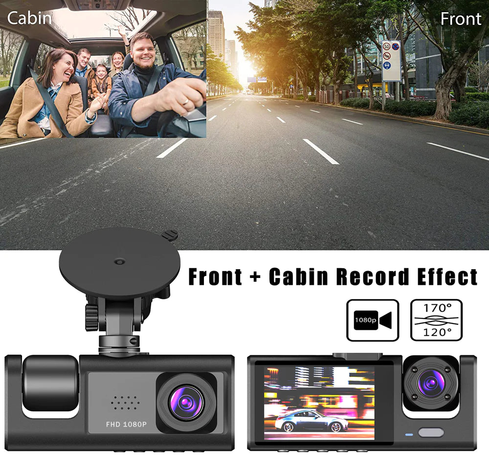 Dual-Lens Car Dash Cam 1080P, Front and Inside, G-Sensor