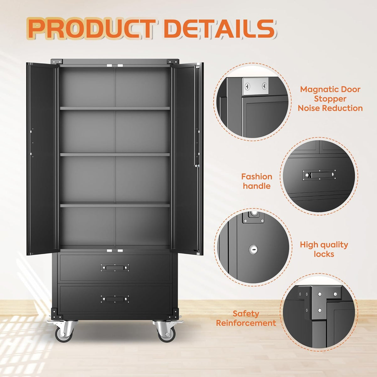 Rolling Steel Storage Cabinet with 2 Locking Doors and 2 Drawers – image 7