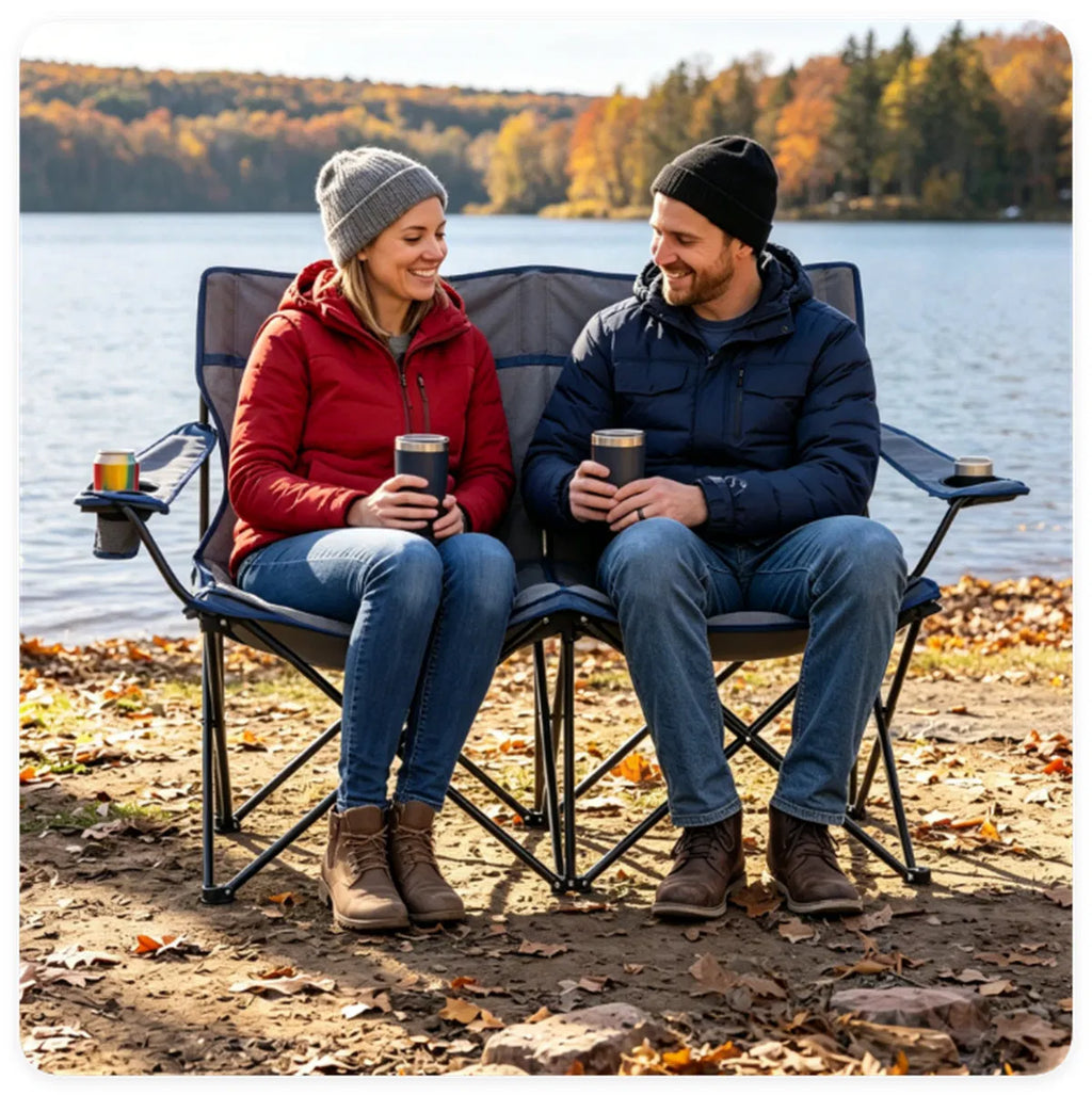 Heated Double Camping Chair, 2-Person Folding Loveseat with 3 Heat Levels, Navy – image 4